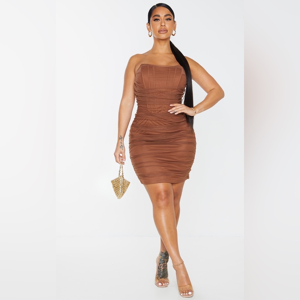 NWT Shape Chocolate Brown Mesh Corset Detail Ruched Bodycon Dress - PLT